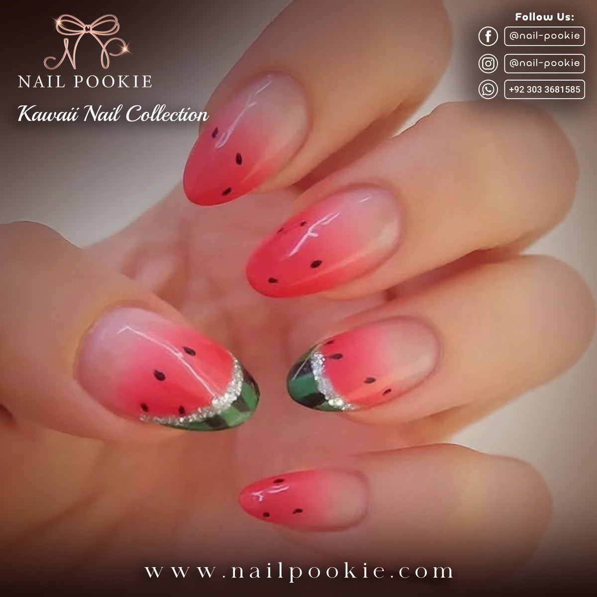 Juicy Slice – Watermelon Gradient Kawaii Nail Set