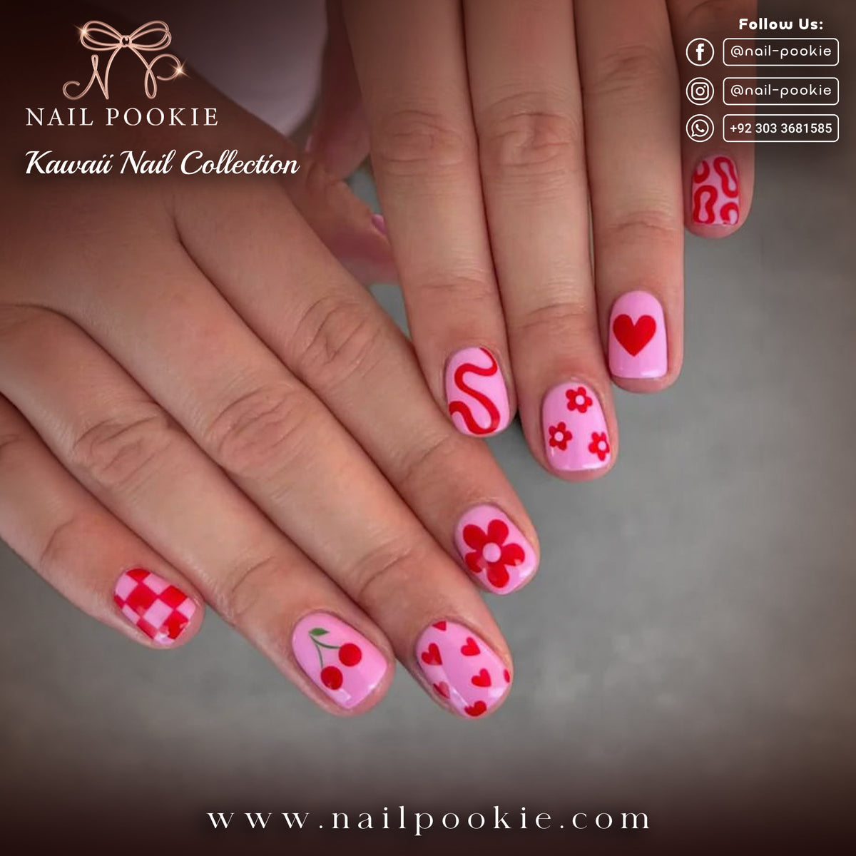 Red & Pink Kawaii Mix-and-Match Nail Art Set – Hearts, Flowers, Cherries & Checkerboard Short Nails | Nail Pookie