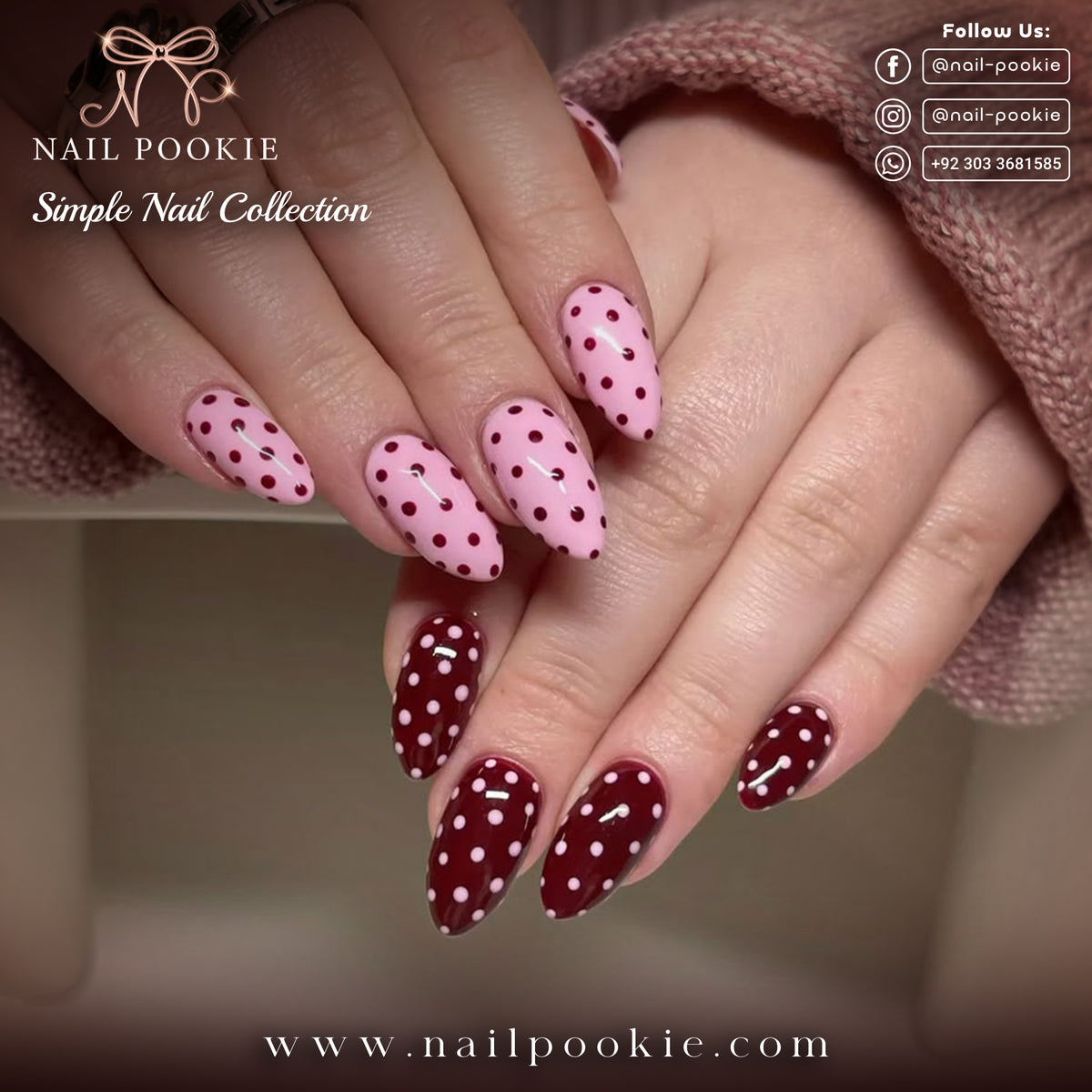 Wine Pink Polka Dot Almond Nails | Nail Pookie