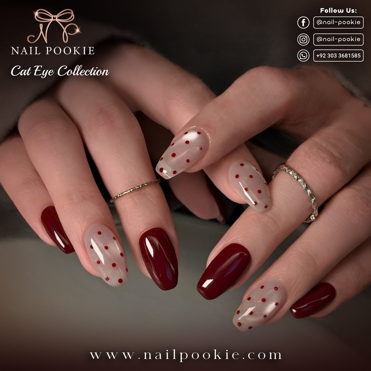 Burgundy Dots – Deep Wine Cat Eye Nails with Red Polka Dot Accents