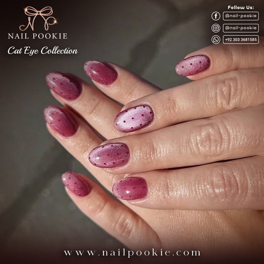 Berry Dots – Plum Pink Cat Eye Magnetic Nails with Polka Dot Design