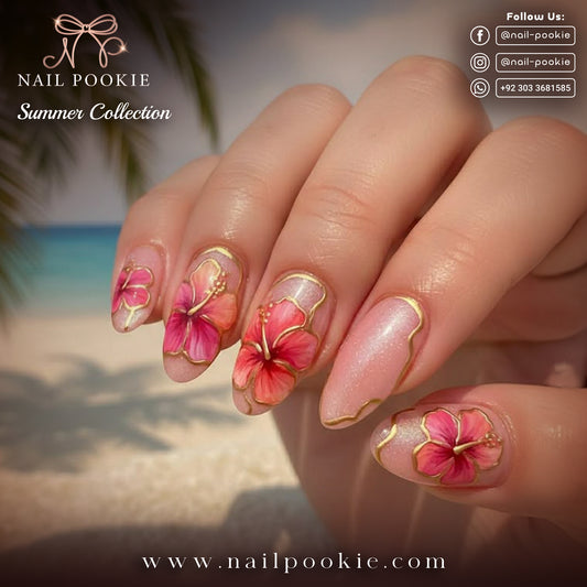 Hibiscus Flower Gold Line Nails | Nail Pookie