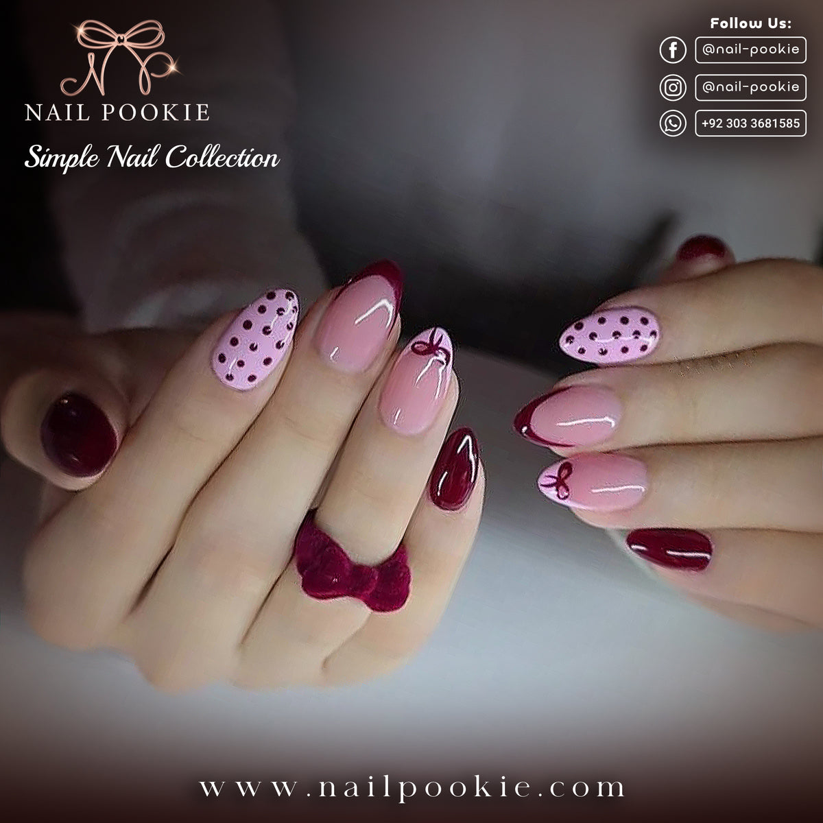 Burgundy Bow Polka Dot Nails | Nail Pookie