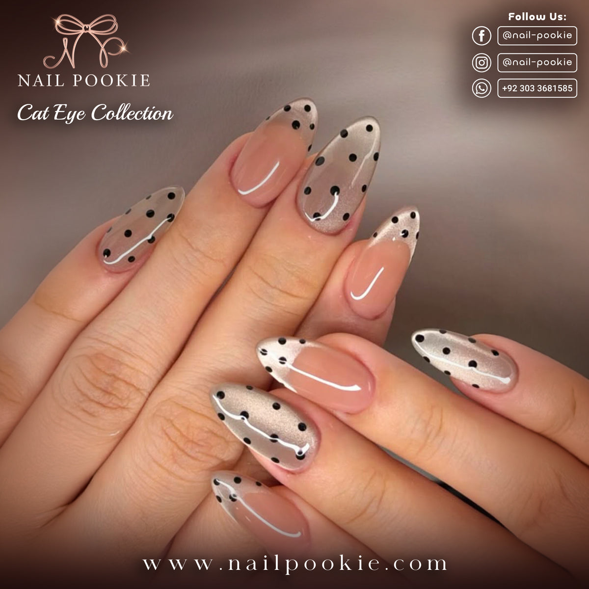 Midnight Polka – Silver Beige Cat Eye Magnetic Nails