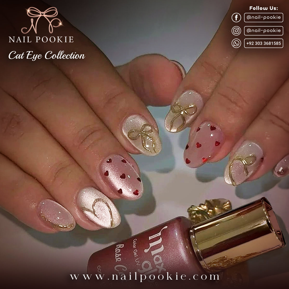 Sweetheart Ribbon – Shimmer Cat Eye Nail Set | Nail Pookie
