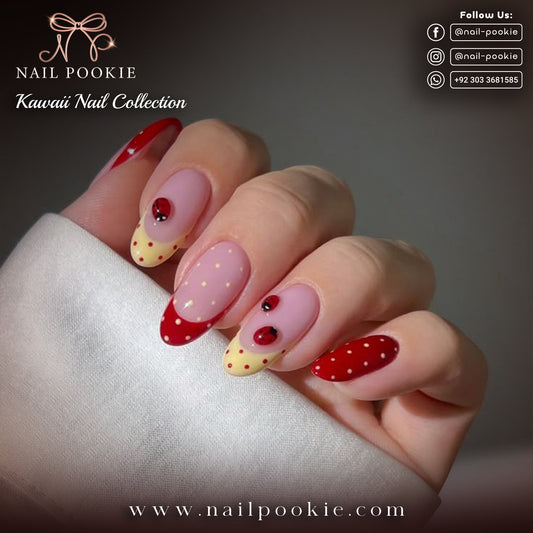 Ladybug Kawaii Nail Art Set – Red & Yellow Polka Dot French Tip Almond Nails | Nail Pookie