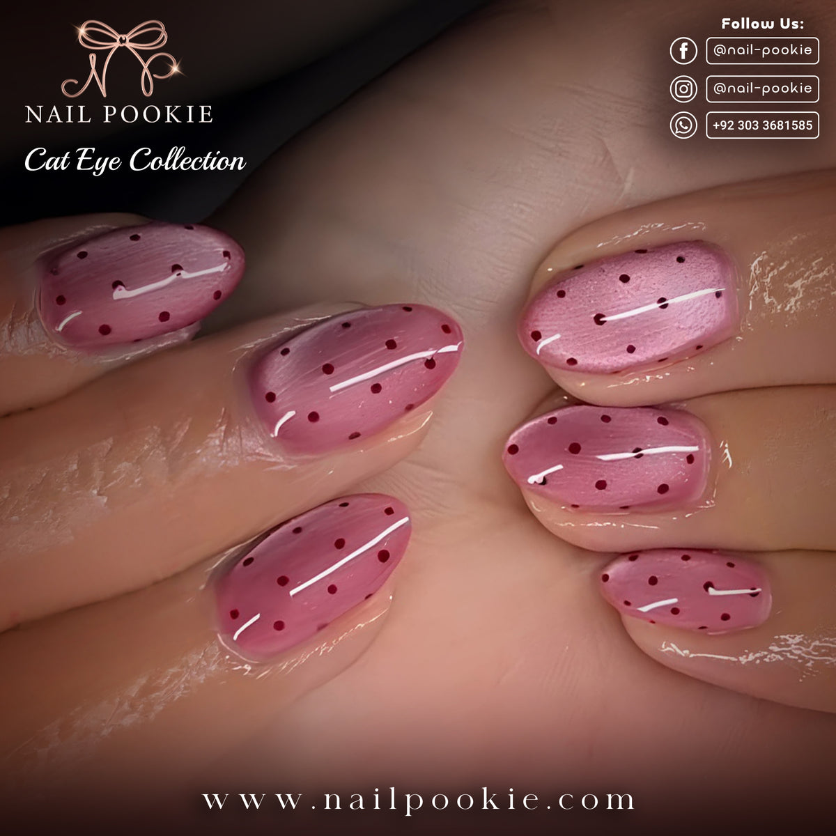 Pink Petals & Dots – Rose Pink Cat Eye Nails with Wine Polka Dots
